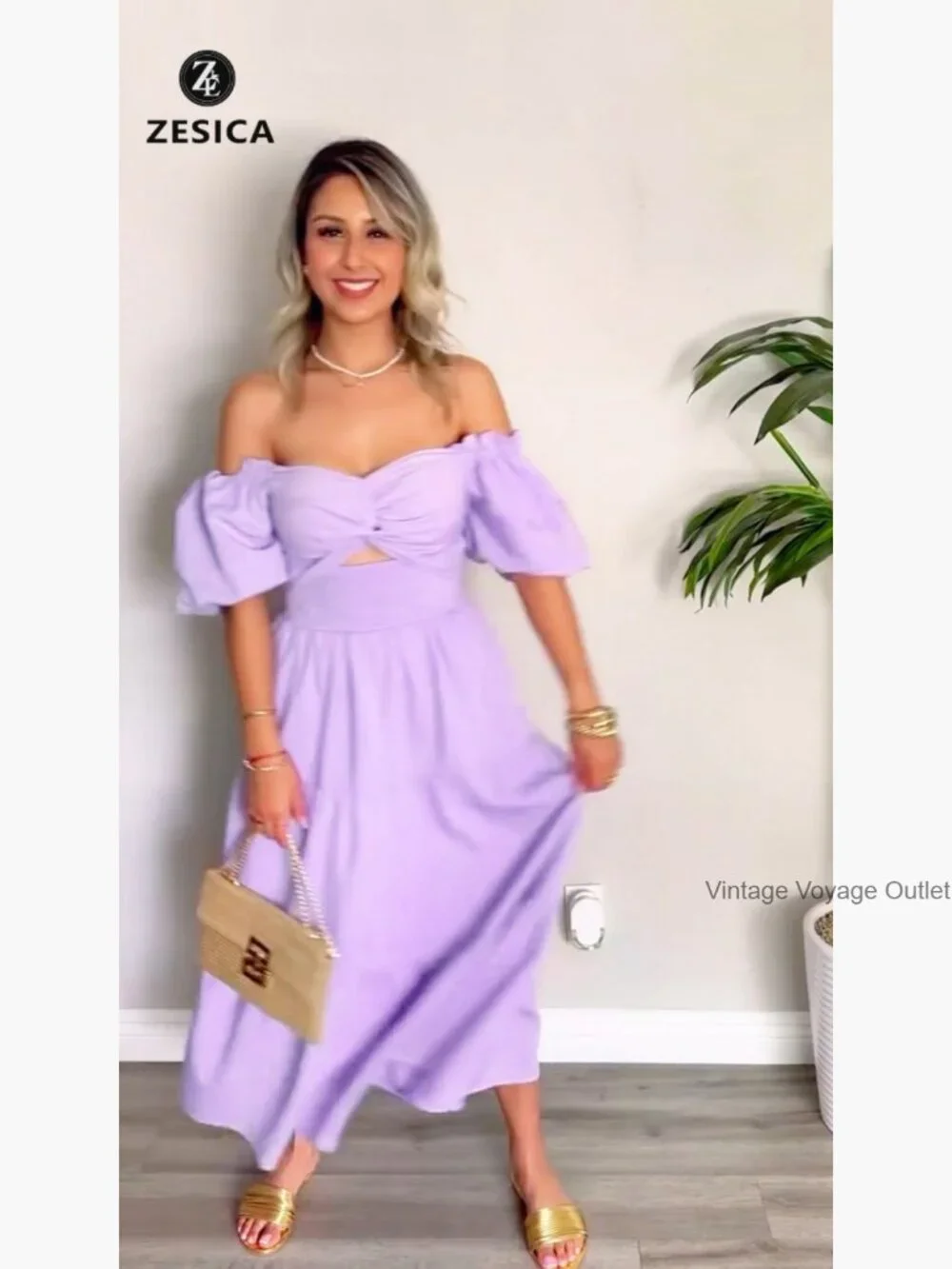 Flowy High Waist A-Line Maxi Dress with Short Puff Sleeves - Picture 7 of 7